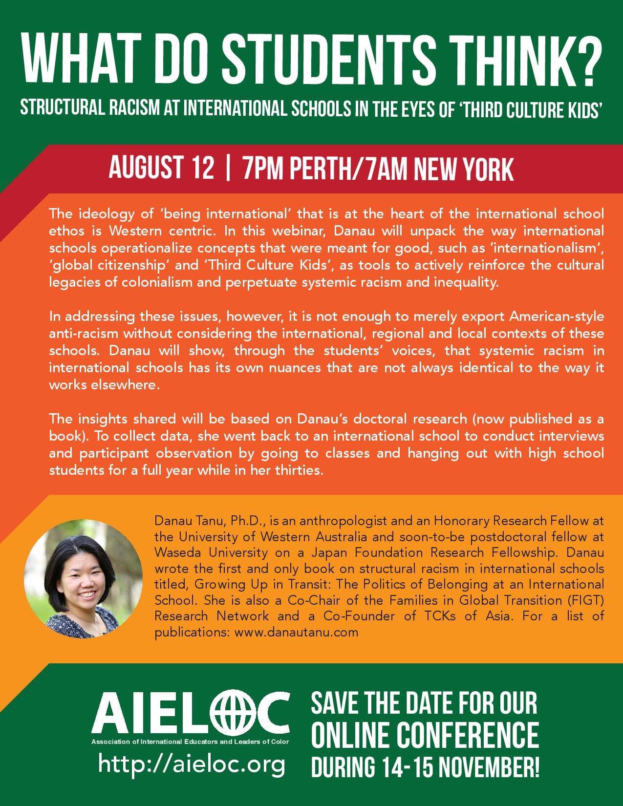 What do students think? Structural racism at international schools in the eyes of 'Third Culture Kids' - AIELOC webinar poster