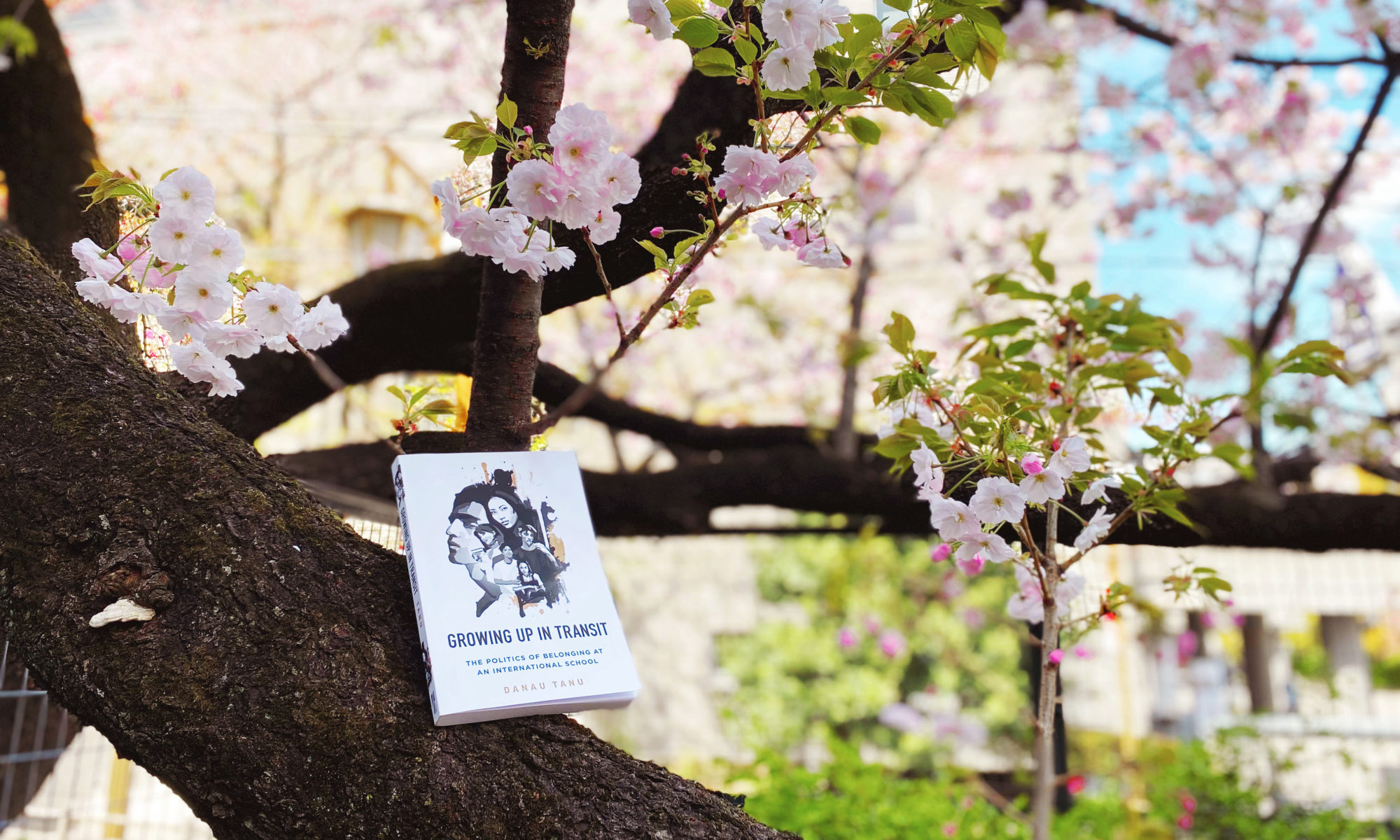 A copy of Growing Up in Transit book on a sakura tree trunk